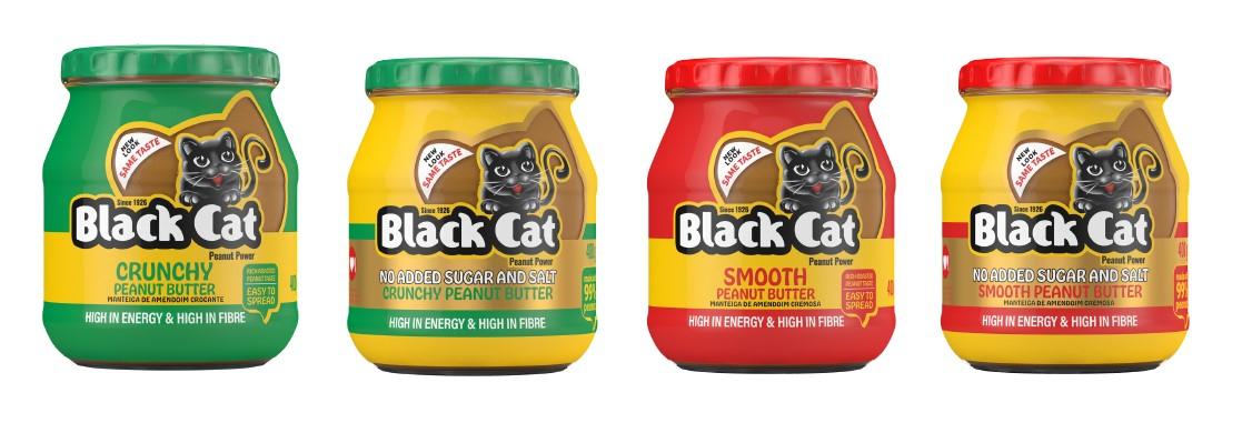 Black Cat Peanut Butter new packaging, designed by Berge Farrell Design - line-up of the routes - two routes for the green and yellow crunchy SKU and two routes for the red and yellow smooth SKU. Both similar but the green and red versions have a yellow band running across the front of pack and the yellow routes have a gold band running across the front. 