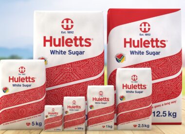 Huletts white sugar packaging design by berge farrell design. Group photo with 12kg packs all the way to 100g packs.